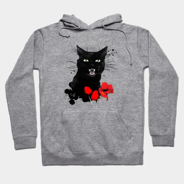 Black Cat Red Poppy Hoodie by TatianaBS